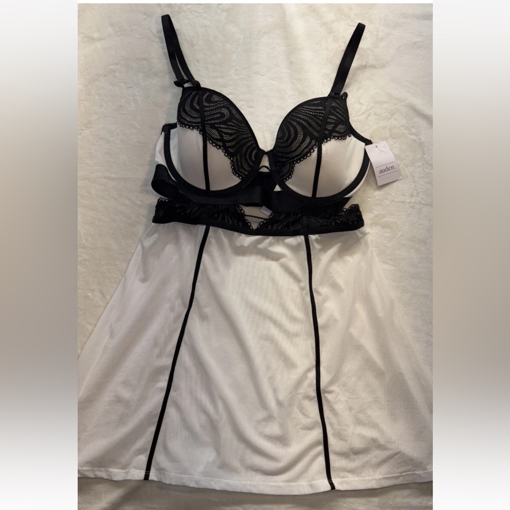 Auden Women's Push-Up Babydoll Nightie Black White Burlesque Semi Sheer Medium